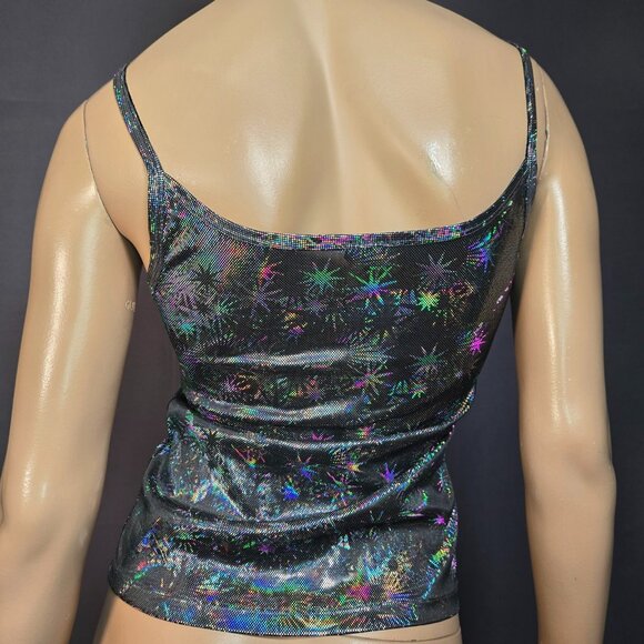 Vintage 90s Y2k Le Chateau Silver Metallic Iridescent Stars Tank Top Size M - Picture 8 of 11